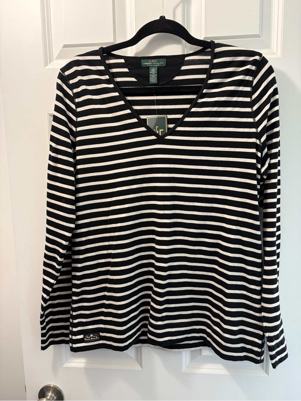 Ralph Lauren Black and White Striped V‑Neck Long Sleeve Tee